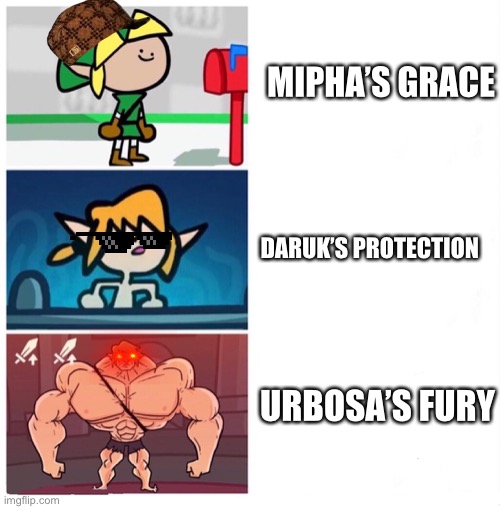 Revali’s gale is now ready! | MIPHA’S GRACE; DARUK’S PROTECTION; URBOSA’S FURY | image tagged in terminalmontage link | made w/ Imgflip meme maker