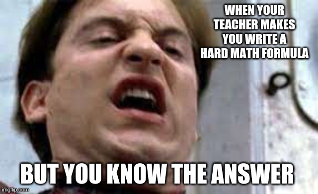 how math sucks | WHEN YOUR TEACHER MAKES YOU WRITE A HARD MATH FORMULA; BUT YOU KNOW THE ANSWER | image tagged in bruh | made w/ Imgflip meme maker