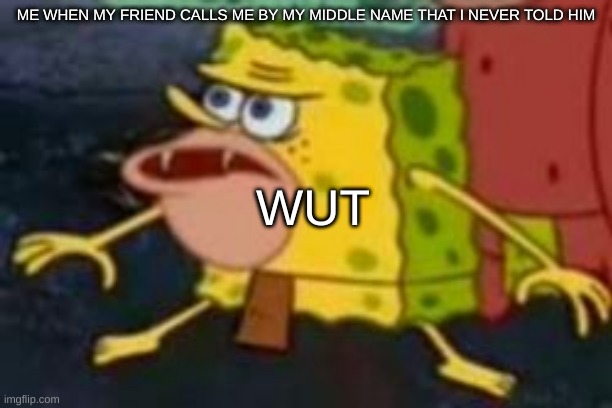 friend calls my mid name | ME WHEN MY FRIEND CALLS ME BY MY MIDDLE NAME THAT I NEVER TOLD HIM; WUT | image tagged in spongebob,friends | made w/ Imgflip meme maker