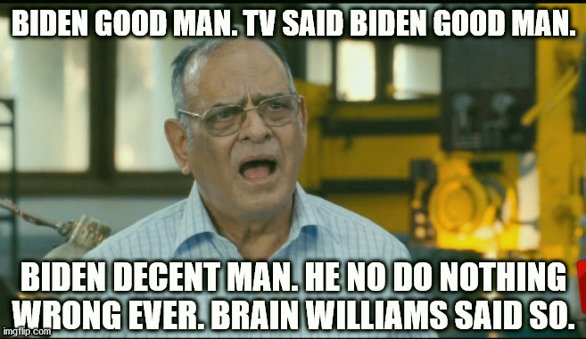 Why are Democrats so universally stupid? | BIDEN GOOD MAN. TV SAID BIDEN GOOD MAN. BIDEN DECENT MAN. HE NO DO NOTHING WRONG EVER. BRAIN WILLIAMS SAID SO. | image tagged in democrats,joe biden,biden | made w/ Imgflip meme maker