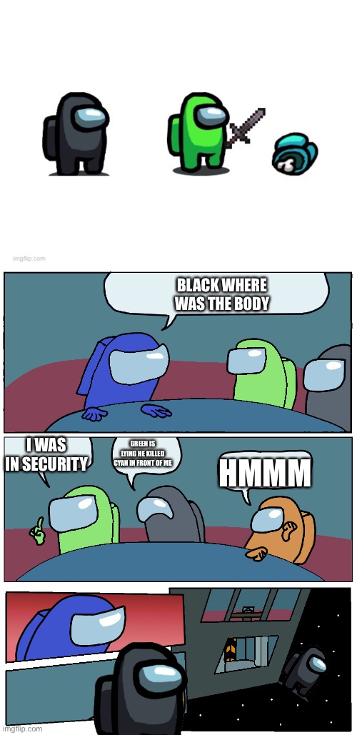  BLACK WHERE WAS THE BODY; GREEN IS LYING HE KILLED CYAN IN FRONT OF ME; I WAS IN SECURITY; HMMM | image tagged in among us meeting | made w/ Imgflip meme maker