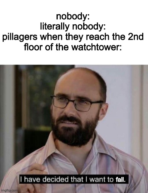 THEIR GOALS ARE BEYOND YOUR (and my) UNDERSTANDING | nobody:
literally nobody:
pillagers when they reach the 2nd floor of the watchtower:; fall. | image tagged in i have decided that i want to die | made w/ Imgflip meme maker