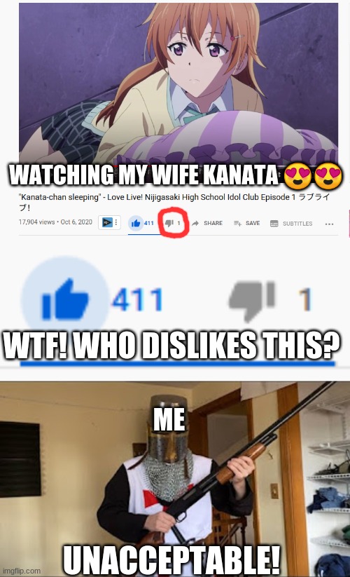 This dislike upsets me | WATCHING MY WIFE KANATA 😍😍; WTF! WHO DISLIKES THIS? ME; UNACCEPTABLE! | image tagged in love live,anime | made w/ Imgflip meme maker