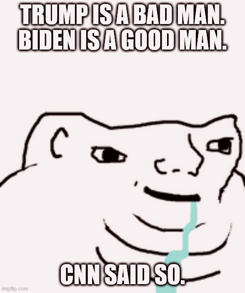 Why are Democrats so stupid? | TRUMP IS A BAD MAN. BIDEN IS A GOOD MAN. CNN SAID SO. | image tagged in biden,trump | made w/ Imgflip meme maker