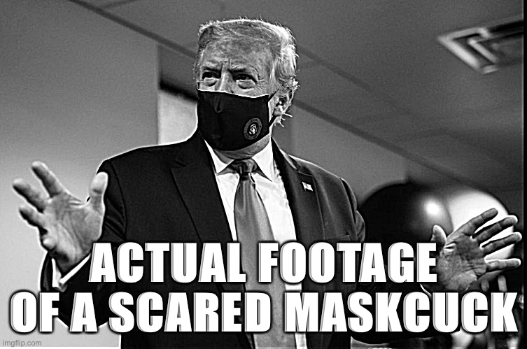 The donaldtrump is not amused | ACTUAL FOOTAGE OF A SCARED MASKCUCK | image tagged in trump face mask black white,face mask | made w/ Imgflip meme maker