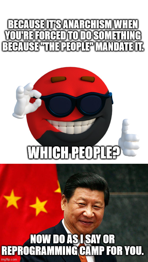 BECAUSE IT'S ANARCHISM WHEN YOU'RE FORCED TO DO SOMETHING BECAUSE "THE PEOPLE" MANDATE IT. WHICH PEOPLE? NOW DO AS I SAY OR REPROGRAMMING CAMP FOR YOU. | image tagged in xi jinping,ancom picardia | made w/ Imgflip meme maker