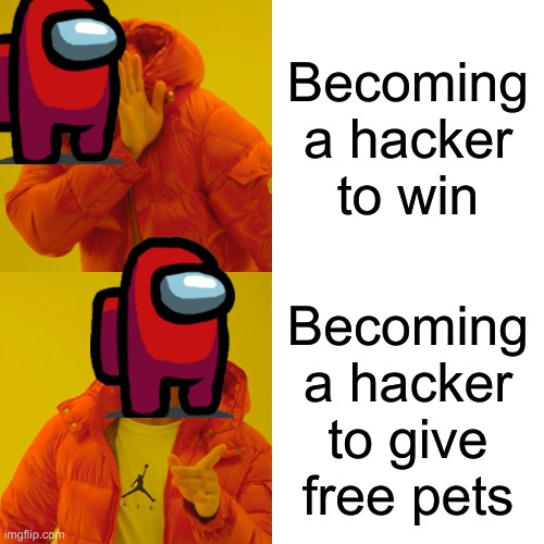 Be a good hacker | Becoming a hacker to win; Becoming a hacker to give free pets | image tagged in memes,drake hotline bling | made w/ Imgflip meme maker