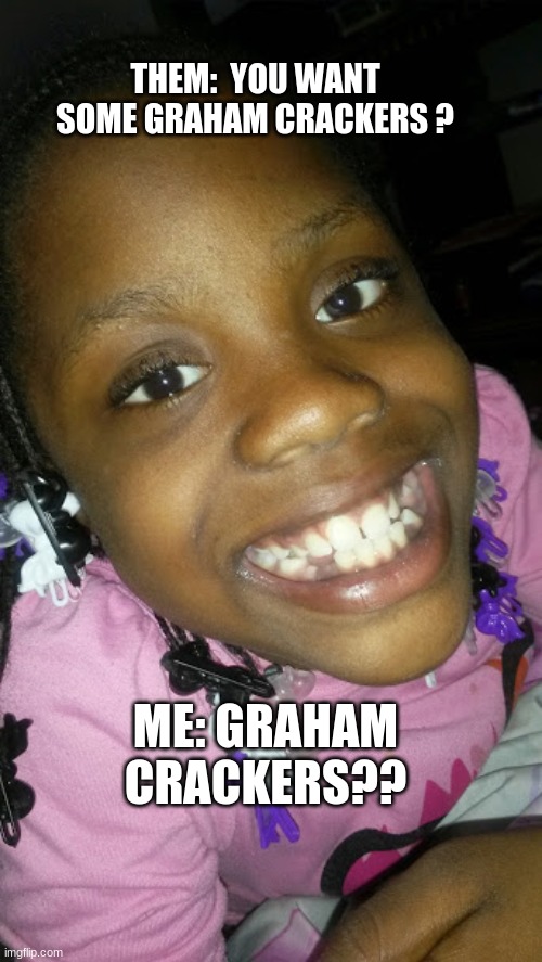 THEM:  YOU WANT SOME GRAHAM CRACKERS ? ME: GRAHAM CRACKERS?? | image tagged in funny | made w/ Imgflip meme maker