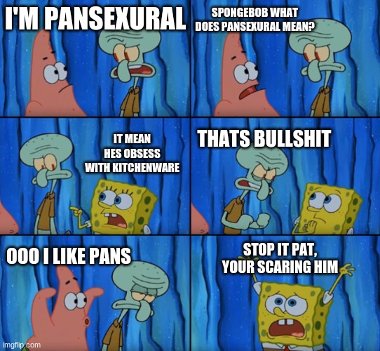 Dumbest Meme ever | SPONGEBOB WHAT DOES PANSEXURAL MEAN? I'M PANSEXURAL; IT MEAN HES OBSESS WITH KITCHENWARE; THATS BULLSHIT; STOP IT PAT, YOUR SCARING HIM; OOO I LIKE PANS | image tagged in stop it patrick you're scaring him correct text boxes | made w/ Imgflip meme maker