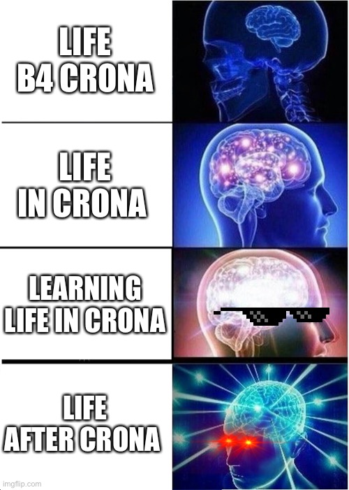 Expanding Brain Meme | LIFE B4 CRONA; LIFE IN CRONA; LEARNING LIFE IN CRONA; LIFE AFTER CRONA | image tagged in memes,expanding brain | made w/ Imgflip meme maker