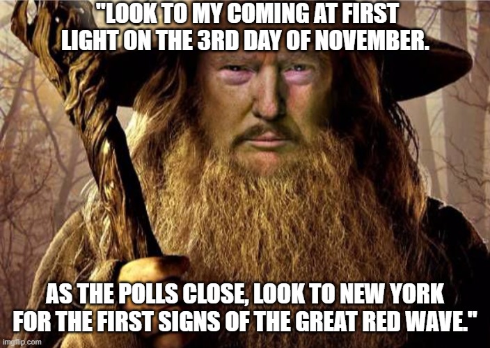 The Red Wave is Coming... | "LOOK TO MY COMING AT FIRST LIGHT ON THE 3RD DAY OF NOVEMBER. AS THE POLLS CLOSE, LOOK TO NEW YORK FOR THE FIRST SIGNS OF THE GREAT RED WAVE." | image tagged in gandalf trump | made w/ Imgflip meme maker