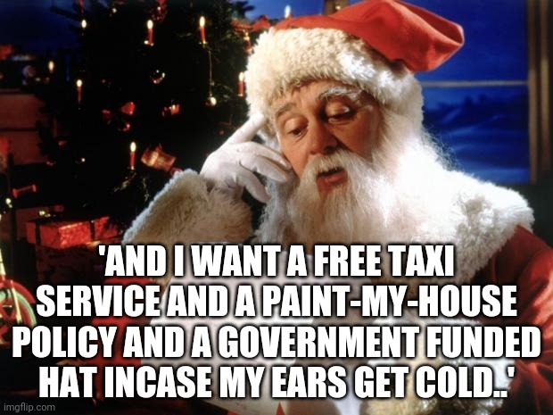 dear santa | 'AND I WANT A FREE TAXI SERVICE AND A PAINT-MY-HOUSE POLICY AND A GOVERNMENT FUNDED HAT INCASE MY EARS GET COLD..' | image tagged in dear santa | made w/ Imgflip meme maker