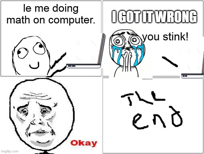 rage comics | le me doing math on computer. I GOT IT WRONG; you stink! | image tagged in memes,blank comic panel 2x2 | made w/ Imgflip meme maker