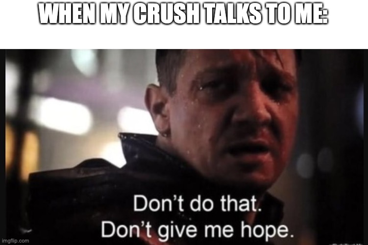When my crush talks to me | WHEN MY CRUSH TALKS TO ME: | image tagged in hawkeye ''don't give me hope'',crush,rejection,sad | made w/ Imgflip meme maker