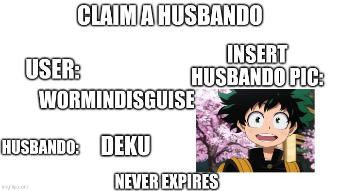 this isn't my template, but I couldn't get to the original one | CLAIM A HUSBANDO; INSERT HUSBANDO PIC:; USER:; WORMINDISGUISE; DEKU; HUSBANDO:; NEVER EXPIRES | image tagged in transparent | made w/ Imgflip meme maker