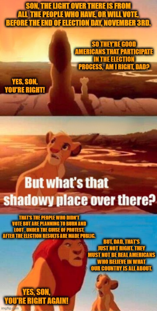 Mufasa and Simba talking about the 2020 election and its probable aftermath... | SON, THE LIGHT OVER THERE IS FROM ALL  THE PEOPLE WHO HAVE, OR WILL VOTE, BEFORE THE END OF ELECTION DAY, NOVEMBER 3RD. SO THEY'RE GOOD AMERICANS THAT PARTICIPATE IN THE ELECTION PROCESS,  AM I RIGHT, DAD? YES, SON, YOU'RE RIGHT! THAT'S THE PEOPLE WHO DIDN'T VOTE BUT ARE PLANNING TO BURN AND LOOT , UNDER THE GUISE OF PROTEST, AFTER THE ELECTION RESULTS ARE MADE PUBLIC. BUT, DAD, THAT'S JUST NOT RIGHT. THEY MUST NOT BE REAL AMERICANS WHO BELIEVE IN WHAT OUR COUNTRY IS ALL ABOUT. YES, SON, YOU'RE RIGHT AGAIN! | image tagged in simba shadowy place,election 2020,election 2020 aftermath,liberals vs conservatives,american politics,donald trump approves | made w/ Imgflip meme maker