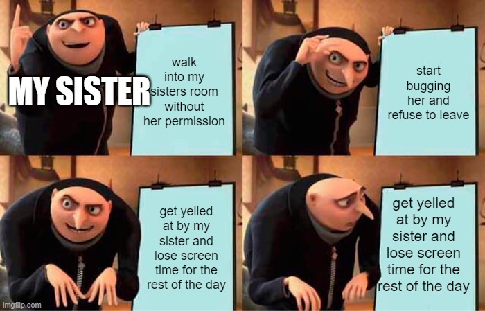 DOWN WITH ANOYING LITTLE SIBLINGS!!! | walk into my sisters room without her permission; start bugging her and refuse to leave; MY SISTER; get yelled at by my sister and lose screen time for the rest of the day; get yelled at by my sister and lose screen time for the rest of the day | image tagged in memes,gru's plan | made w/ Imgflip meme maker