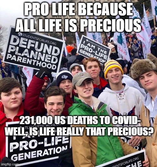 Maga prolife | PRO LIFE BECAUSE ALL LIFE IS PRECIOUS; 231,000 US DEATHS TO COVID- WELL, IS LIFE REALLY THAT PRECIOUS? | image tagged in maga prolife | made w/ Imgflip meme maker