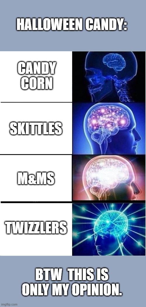 Ok read bottom | HALLOWEEN CANDY:; CANDY CORN; SKITTLES; M&MS; TWIZZLERS; BTW  THIS IS ONLY MY OPINION. | image tagged in memes,expanding brain | made w/ Imgflip meme maker