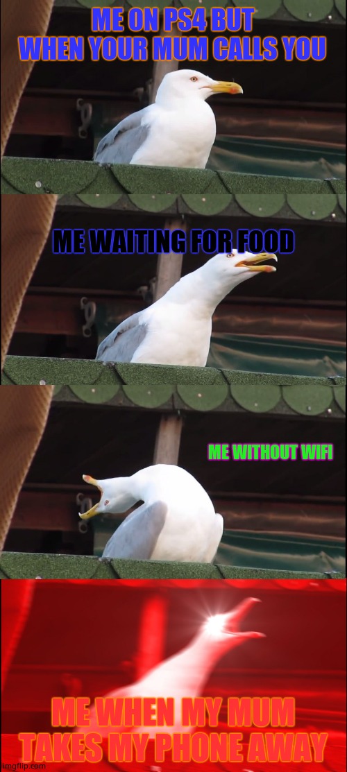 Inhaling Seagull | ME ON PS4 BUT WHEN YOUR MUM CALLS YOU; ME WAITING FOR FOOD; ME WITHOUT WIFI; ME WHEN MY MUM TAKES MY PHONE AWAY | image tagged in memes,inhaling seagull | made w/ Imgflip meme maker