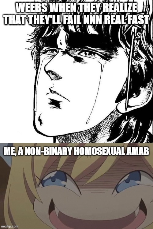 Yes.  I'm Non-Binary. | WEEBS WHEN THEY REALIZE THAT THEY'LL FAIL NNN REAL FAST; ME, A NON-BINARY HOMOSEXUAL AMAB | image tagged in anime crying,no nut november,anime,memes,smirk,lgbtq | made w/ Imgflip meme maker