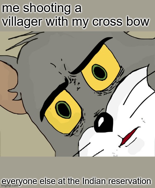 everyone else | me shooting a villager with my cross bow; everyone else at the Indian reservation | image tagged in memes,unsettled tom | made w/ Imgflip meme maker