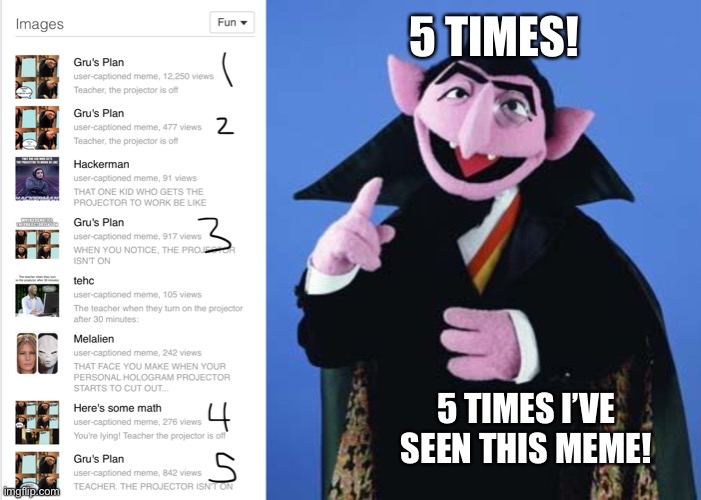 5 TIMES! 5 TIMES I’VE SEEN THIS MEME! | image tagged in the count | made w/ Imgflip meme maker