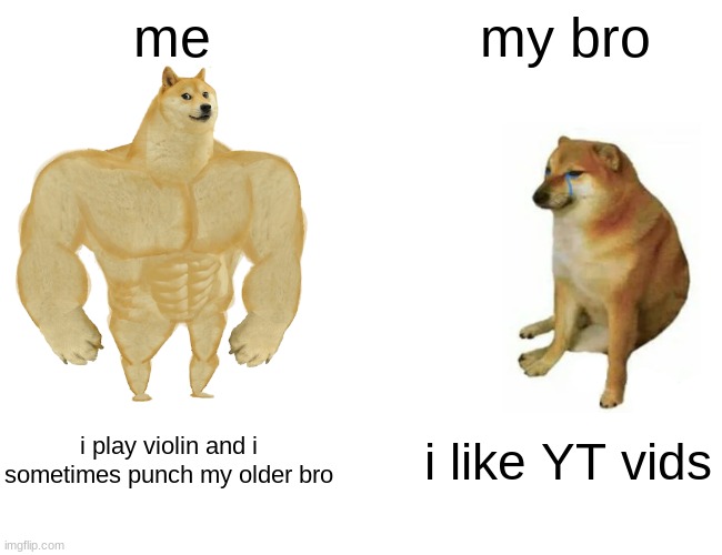 Buff Doge vs. Cheems | me; my bro; i play violin and i sometimes punch my older bro; i like YT vids | image tagged in memes,buff doge vs cheems | made w/ Imgflip meme maker