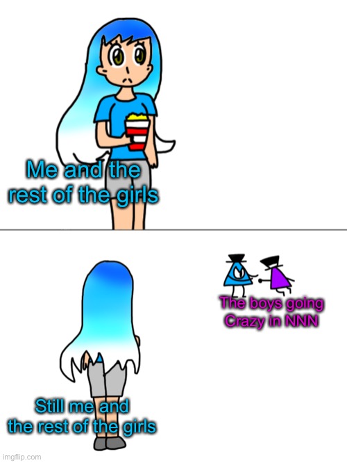 And for the love of god talk in the comms and keep a fixed desc | Me and the rest of the girls; The boys going
Crazy in NNN; Still me and the rest of the girls | image tagged in frozetta watching a fight | made w/ Imgflip meme maker