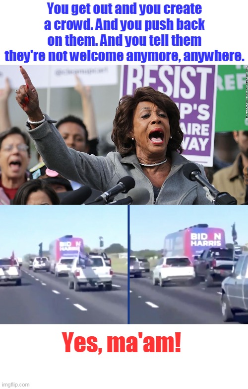 Finally, both sides agree to something. | You get out and you create a crowd. And you push back on them. And you tell them they're not welcome anymore, anywhere. Yes, ma'am! | image tagged in maxine waters,maga 2020,trump train,liberals,demoncrats,biden | made w/ Imgflip meme maker