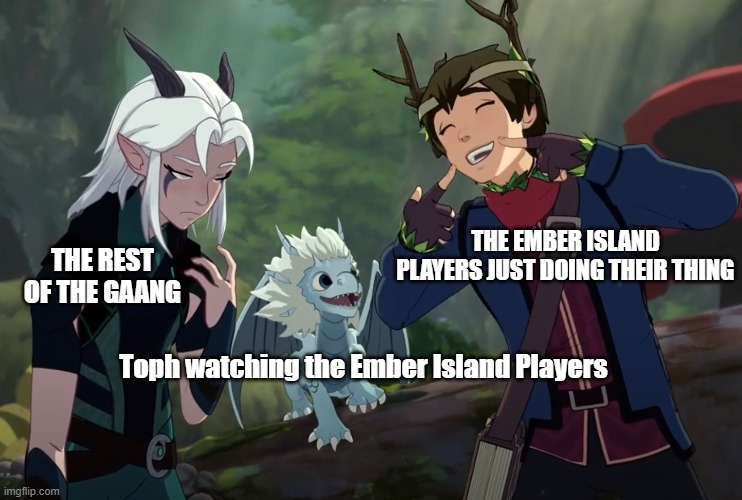 THE REST OF THE GAANG; THE EMBER ISLAND PLAYERS JUST DOING THEIR THING; Toph watching the Ember Island Players | image tagged in TheDragonPrince | made w/ Imgflip meme maker