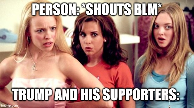mean girls shocked | PERSON: *SHOUTS BLM*; TRUMP AND HIS SUPPORTERS: | image tagged in mean girls shocked | made w/ Imgflip meme maker