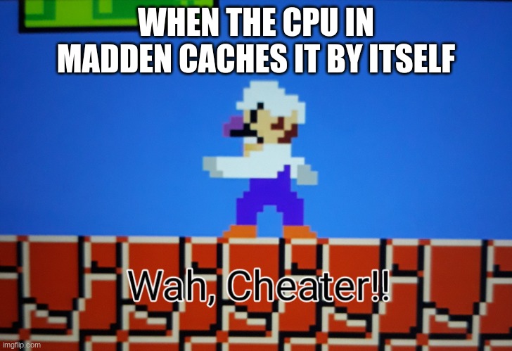 Waluigi-Wah, Cheater | WHEN THE CPU IN MADDEN CACHES IT BY ITSELF | image tagged in waluigi-wah cheater | made w/ Imgflip meme maker