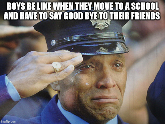 Salute | BOYS BE LIKE WHEN THEY MOVE TO A SCHOOL AND HAVE TO SAY GOOD BYE TO THEIR FRIENDS | image tagged in salute | made w/ Imgflip meme maker