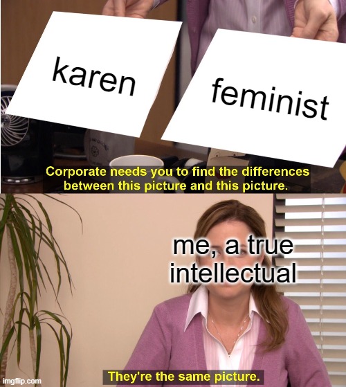 as a zoomer I can attest to this | karen; feminist; me, a true intellectual | image tagged in memes,they're the same picture | made w/ Imgflip meme maker