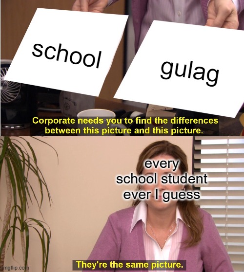 Relatable meme | school; gulag; every school student ever I guess | image tagged in memes,they're the same picture | made w/ Imgflip meme maker