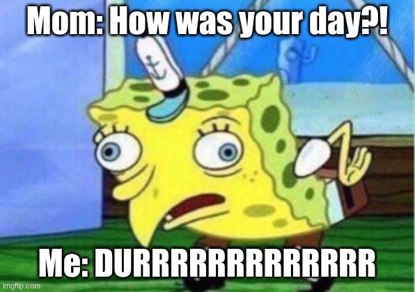 Stereotype | Mom: How was your day?! Me: DURRRRRRRRRRRRR | image tagged in memes,mocking spongebob | made w/ Imgflip meme maker