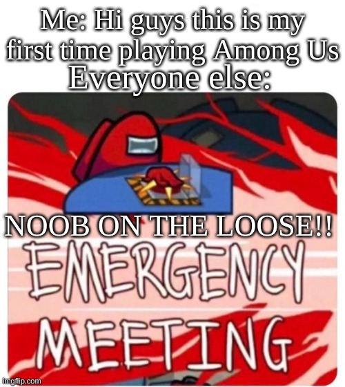 I just started yesterday, guys | Me: Hi guys this is my first time playing Among Us; Everyone else:; NOOB ON THE LOOSE!! | image tagged in emergency meeting among us | made w/ Imgflip meme maker