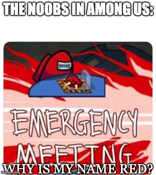 Emergency Meeting Among Us | THE NOOBS IN AMONG US:; WHY IS MY NAME RED? | image tagged in emergency meeting among us | made w/ Imgflip meme maker