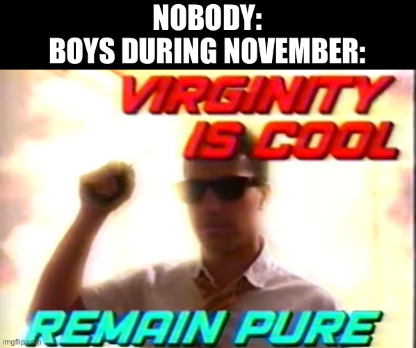 Nnn | NOBODY:
BOYS DURING NOVEMBER: | image tagged in virginity is cool | made w/ Imgflip meme maker