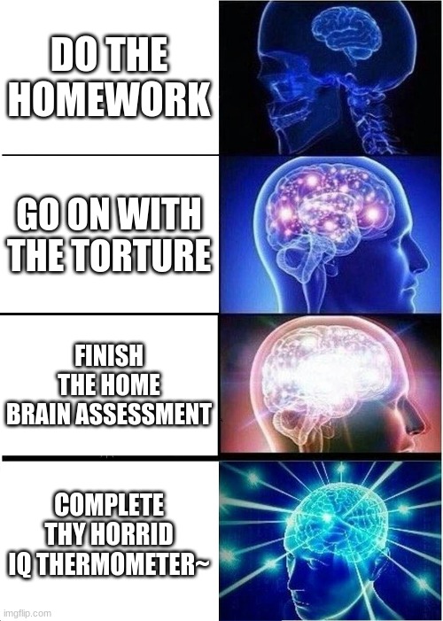 I'm not doing the homework | DO THE HOMEWORK; GO ON WITH THE TORTURE; FINISH THE HOME BRAIN ASSESSMENT; COMPLETE THY HORRID IQ THERMOMETER~ | image tagged in memes,expanding brain | made w/ Imgflip meme maker