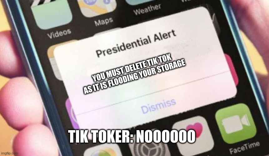 what i post is starting to be less good | YOU MUST DELETE TIK TOK AS IT IS FLOODING YOUR STORAGE; TIK TOKER: NOOOOOO | image tagged in memes,presidential alert | made w/ Imgflip meme maker