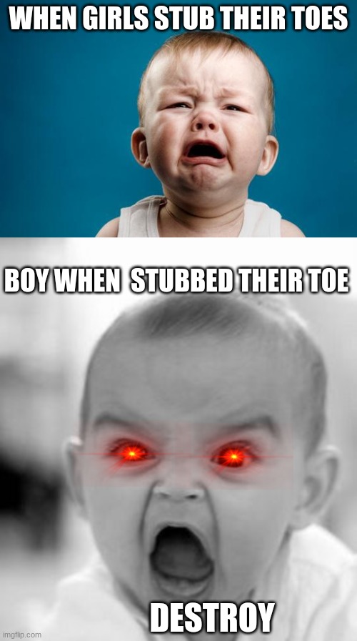 WHEN GIRLS STUB THEIR TOES; BOY WHEN  STUBBED THEIR TOE; DESTROY | image tagged in baby crying,memes,angry baby | made w/ Imgflip meme maker