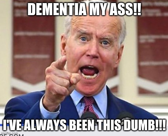 Joe Biden no malarkey | DEMENTIA MY ASS!! I'VE ALWAYS BEEN THIS DUMB!!! | image tagged in joe biden no malarkey | made w/ Imgflip meme maker