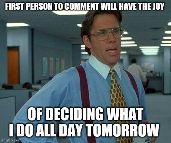 I'm worried | FIRST PERSON TO COMMENT WILL HAVE THE JOY; OF DECIDING WHAT I DO ALL DAY TOMORROW | image tagged in memes,that would be great | made w/ Imgflip meme maker