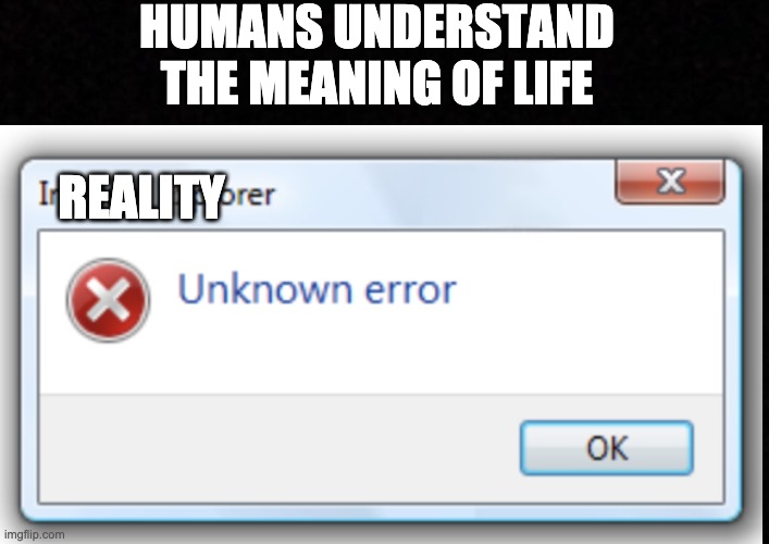 Reality.exe has encountered an error | HUMANS UNDERSTAND THE MEANING OF LIFE; REALITY | image tagged in oof,reality | made w/ Imgflip meme maker