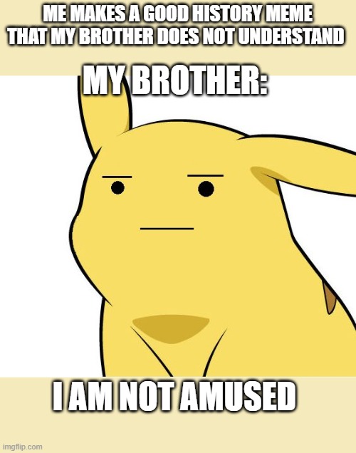 Pikachu Is Not Amused | ME MAKES A GOOD HISTORY MEME THAT MY BROTHER DOES NOT UNDERSTAND; MY BROTHER:; I AM NOT AMUSED | image tagged in pikachu is not amused | made w/ Imgflip meme maker