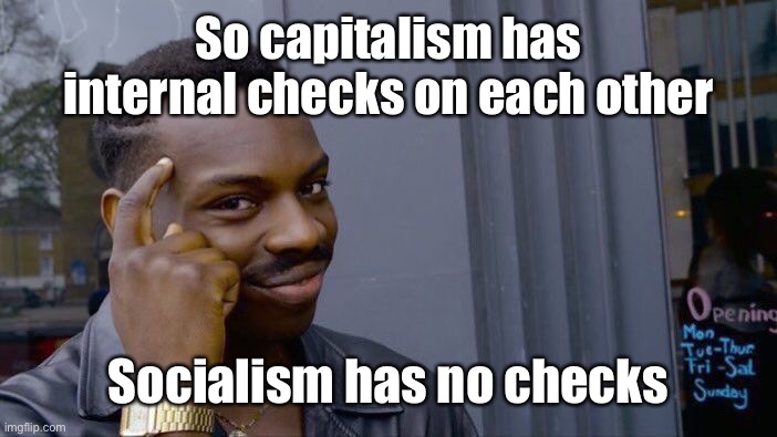 Roll Safe Think About It Meme | So capitalism has internal checks on each other Socialism has no checks | image tagged in memes,roll safe think about it | made w/ Imgflip meme maker