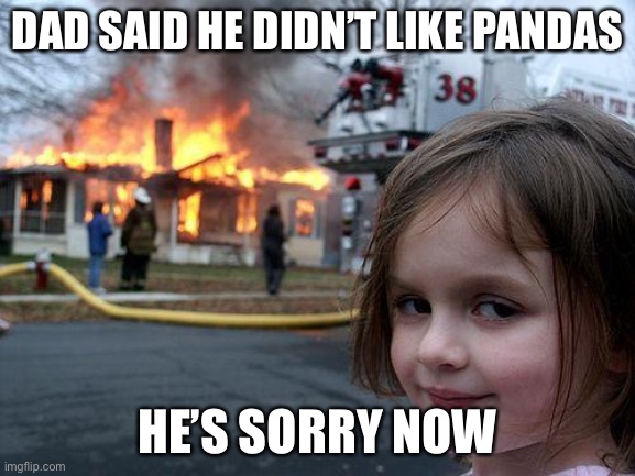 Disaster Girl Meme | DAD SAID HE DIDN’T LIKE PANDAS; HE’S SORRY NOW | image tagged in memes,disaster girl | made w/ Imgflip meme maker