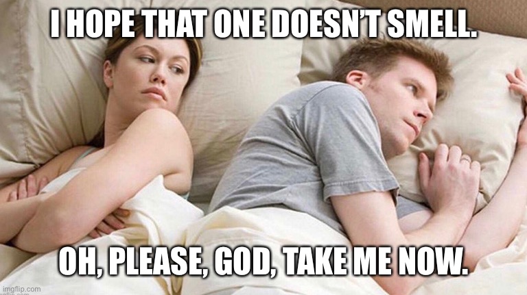 Pillow talk | I HOPE THAT ONE DOESN’T SMELL. OH, PLEASE, GOD, TAKE ME NOW. | image tagged in funny meme | made w/ Imgflip meme maker